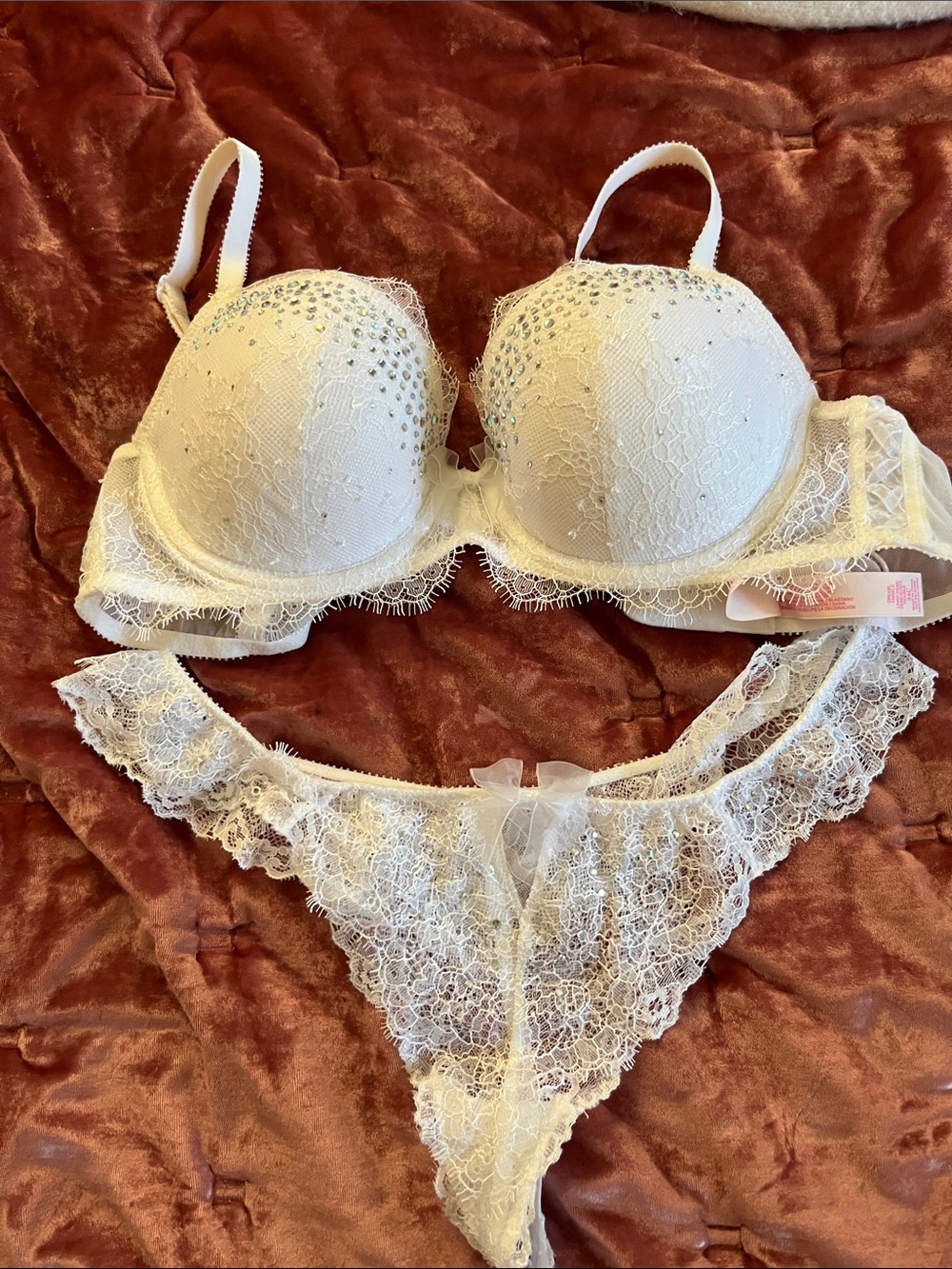 Victoria's Secret White Lace Rhinestone Push-Up Bra & Lace Thong